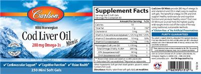 Photo of the Carlson Cod Liver Oil Minis 280 mg label