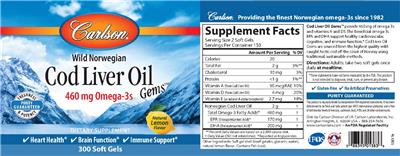 Photo of the Carlson Cod Liver Oil Gems Natural Lemon Flavor label