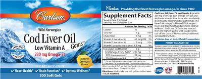 Photo of the Carlson Cod Liver Oil Gems Natural Lemon Flavor label