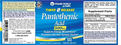 Photo of the Vitamin World Timed Release Pantothenic Acid 500 mg label