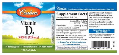 Photo of the Carlson Vitamin D3 5,000 IU (125 mcg) label