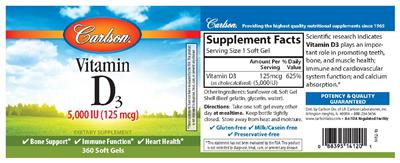 Photo of the Carlson Vitamin D3 5,000 IU (125 mcg) label