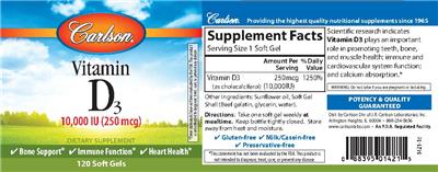 Photo of the Carlson Vitamin D3 10,000 IU (250 mcg) label
