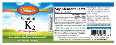 Photo of the Carlson Vitamin K2 MK-7 (Menaquinone-7) 45 mcg label