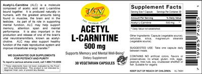 Photo of the VSN Vital Strength Nutrition Acetyl L-Carnitine 500 mg label