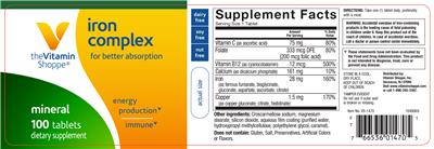 Photo of the The Vitamin Shoppe Iron Complex label