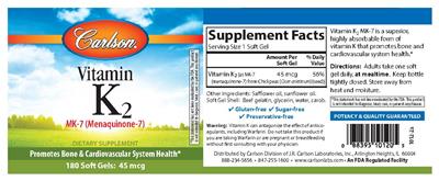 Photo of the Carlson Vitamin K2 MK-7 (Menaquinone-7) 45 mcg label