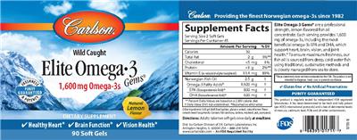 Photo of the Carlson Elite Omega-3 Gems 1,600 mg Natural Lemon Flavor label