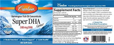 Photo of the Carlson Super DHA Gems 500 mg DHA label