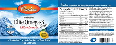 Photo of the Carlson Elite Omega-3 1,600 mg Gems Natural Lemon Flavor label