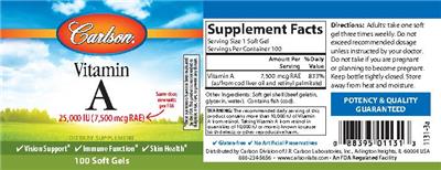 Photo of the Carlson Vitamin A 25,000 IU (7,500 mcg RAE) label