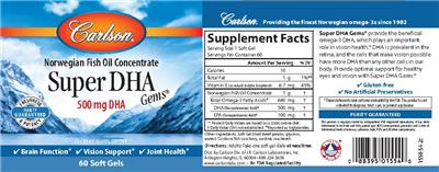 Photo of the Carlson Super DHA Gems 500 mg label