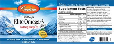 Photo of the Carlson Elite Omega-3 Gems 1,600 mg Natural Lemon Flavor label