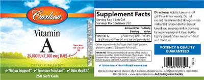 Photo of the Carlson Vitamin A 25,000 IU (7,500 mcg RAE) label