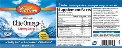 Photo of the Carlson Elite Omega-3 Gems 1,600 mg Natural Lemon Flavor label