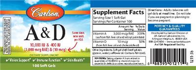 Photo of the Carlson A & D 10,000 IU (3,000 mcg RAE) & 400 IU (10 mcg) label