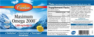 Photo of the Carlson Maximum Omega 2000 Natural Lemon Flavor label