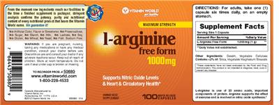Photo of the Vitamin World Maximum Strength L-Arginine 1000 mg label
