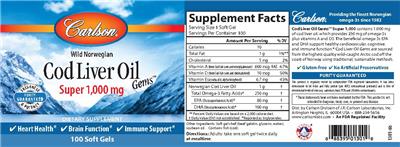 Photo of the Carlson Cod Liver Oil Gems Super 1,000 mg label
