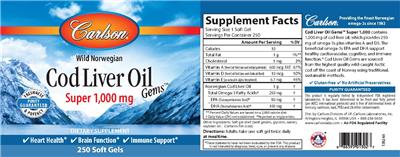 Photo of the Carlson Cod Liver Oil Gems Super 1,000 mg label