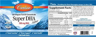 Photo of the Carlson Super DHA Gems 500 mg DHA label