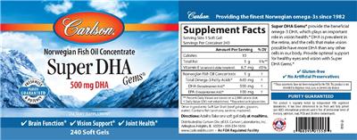 Photo of the Carlson Super DHA Gems 500 mg DHA label
