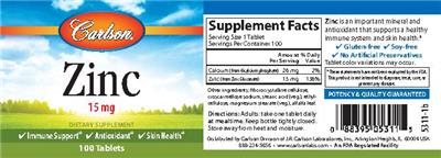 Photo of the Carlson Zinc 15 mg label