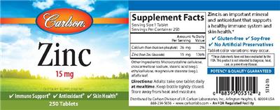 Photo of the Carlson Zinc 15 mg label