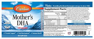 Photo of the Carlson Mother's DHA 500 mg DHA label