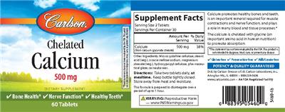 Photo of the Carlson Chelated Calcium 500 mg label