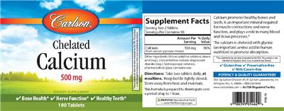 Photo of the Carlson Chelated Calcium 500 mg label