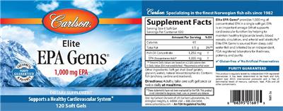 Photo of the Carlson Elite EPA Gems 1,000 mg label