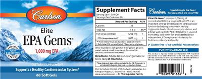 Photo of the Carlson Elite EPA Gems 1,000 mg label