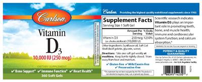 Photo of the Carlson Vitamin D3 10,000 IU (250 mcg) label