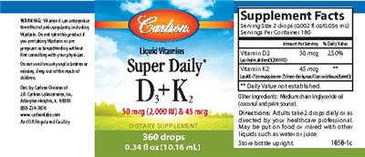 Photo of the Carlson Super Daily D3+K2 50 mcg (2,000 IU) & 45 mcg label