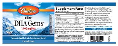 Photo of the Carlson Elite DHA Gems 1,000 mg DHA label