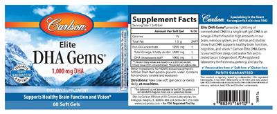 Photo of the Carlson Elite DHA Gems 1,000 mg DHA label