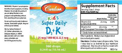 Photo of the Carlson Kid's Super Daily D3+K2 25 mcg (1000 IU) & 22.5 mcg label
