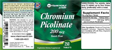 Photo of the Vitamin World Chromium Picolinate 200 mcg label