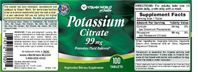 Photo of the Vitamin World Potassium Citrate 99 mg label