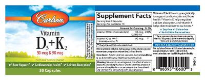 Photo of the Carlson Vitamin D3 50 mcg + K2 90 mcg label