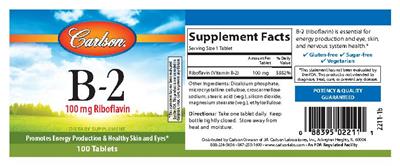 Photo of the Carlson B-2 100 mg Riboflavin label