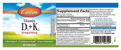 Photo of the Carlson Vitamin D3 + K2 50 mcg & 90 mcg label
