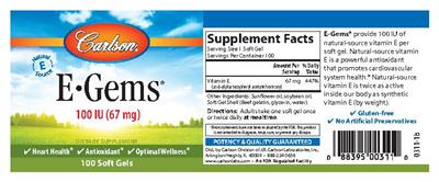 Photo of the Carlson E-Gems 100 IU (67 mg) label