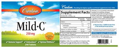 Photo of the Carlson Chewable Mild-C 250 mg Natural Tangerine Flavor label
