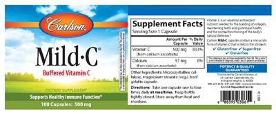 Photo of the Carlson Mild-C 500 mg label