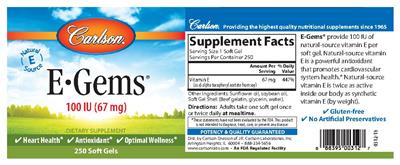 Photo of the Carlson E-Gems 100 IU (67 mg) label