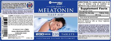 Product label for Low Dose Melatonin 200 mcg