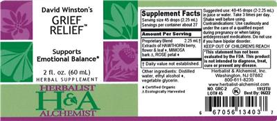 Photo of the Herbalist & Alchemist David Winston's Grief Relief label