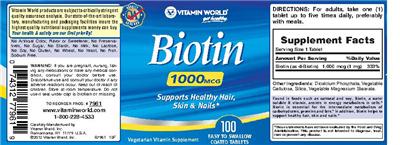 Photo of the Vitamin World Biotin 1000 mcg label